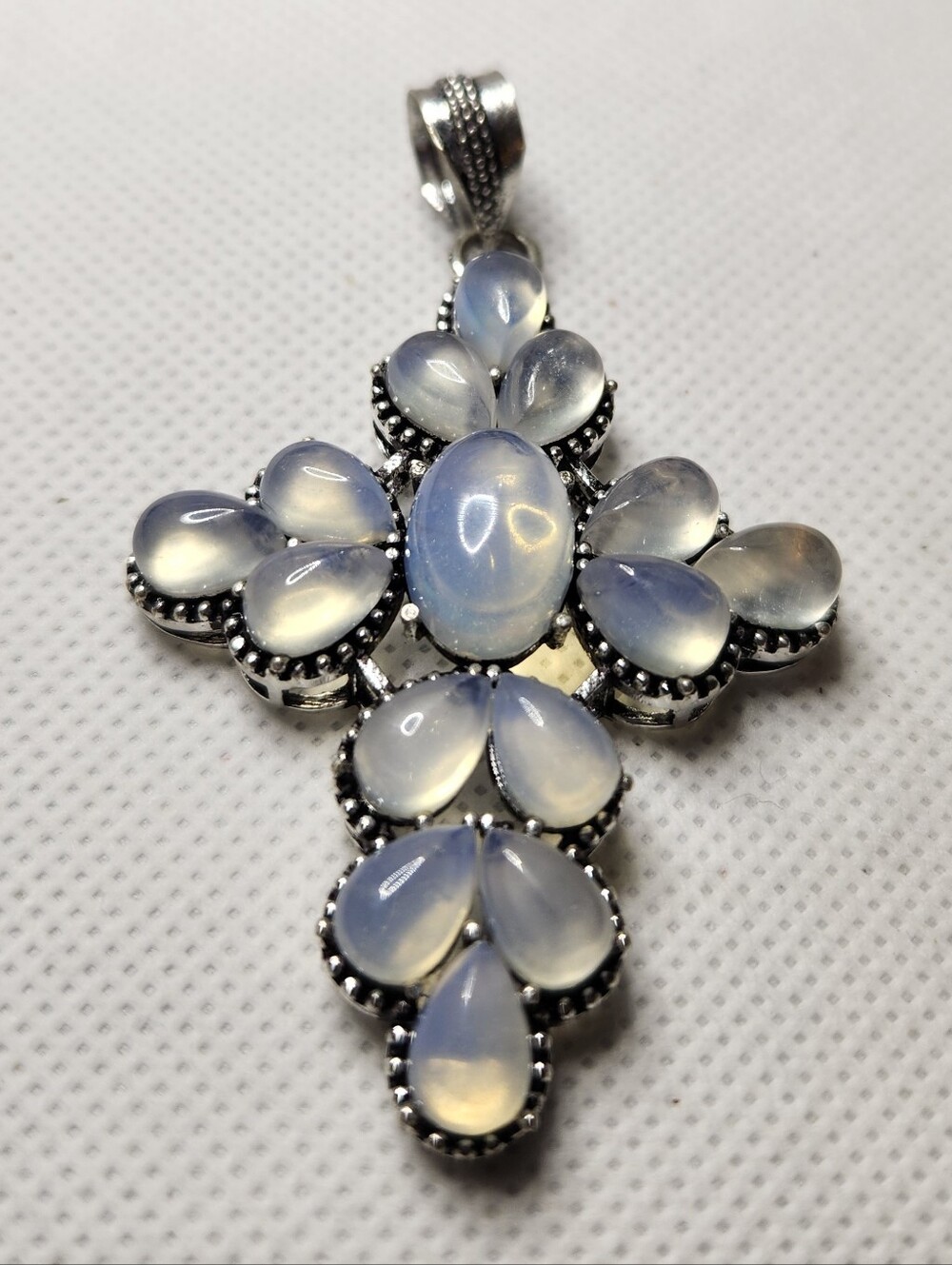 Moonstone Cross Pendant Necklace - Blue-White Gemstone